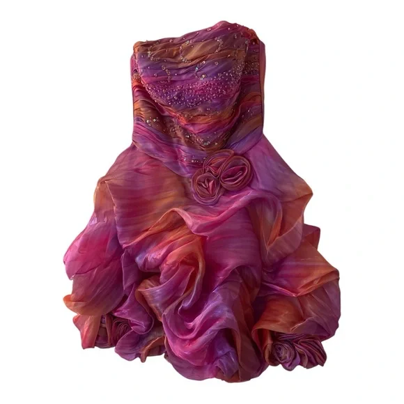 Vibrant   Pink Rainbow Beaded Strapless Cocktail Party Dress - Picture 5 of 6